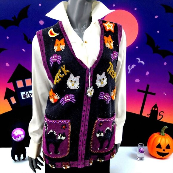 Tiara International Halloween Cats Sweater Vest Trick or Treat Beaded Sequins LG - Picture 1 of 10